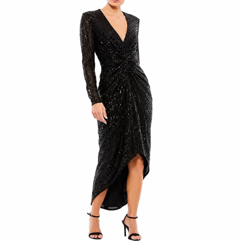 Ieena for Mac Duggal Black Sequin Twist Front Long Sleeve Midi Dress Womens 8